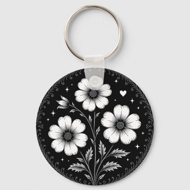 Black and White Goth Flowers Key Ring (Front)