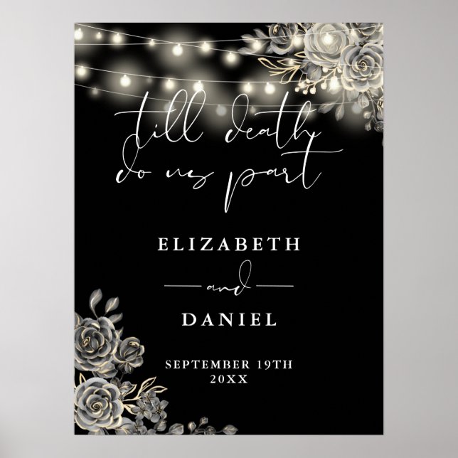 Black And White Goth Roses Lights Wedding Sign (Front)