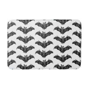 Black and White Gothic Bat Pattern Bath Mat
