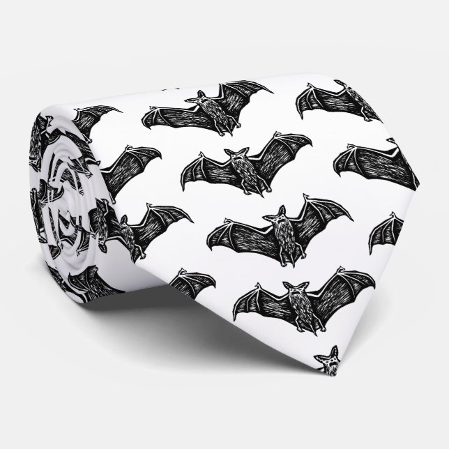 Black and White Gothic Bat Pattern Tie (Rolled)