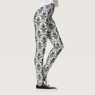 Black And White Gothic Floral Damask Pattern Leggings