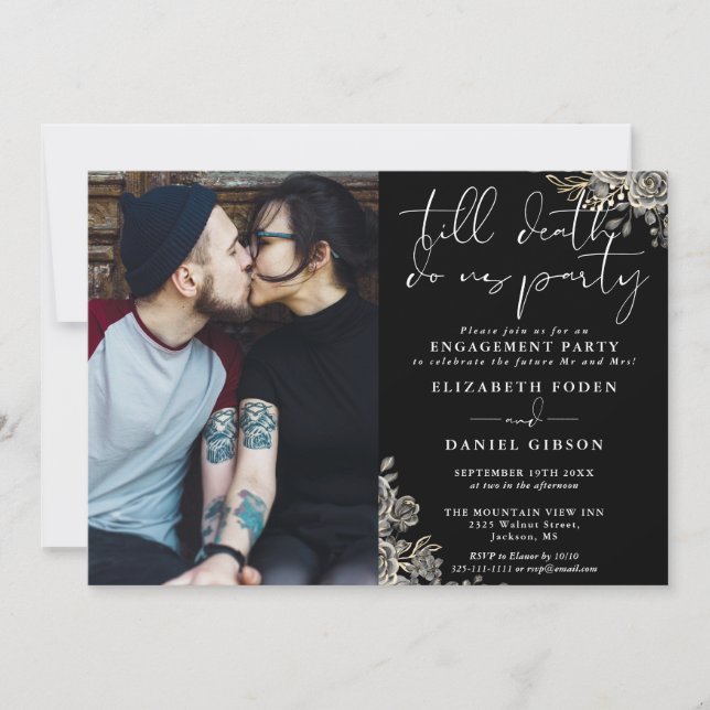 Black And White Gothic Floral Photo Engagement Invitation (Front)