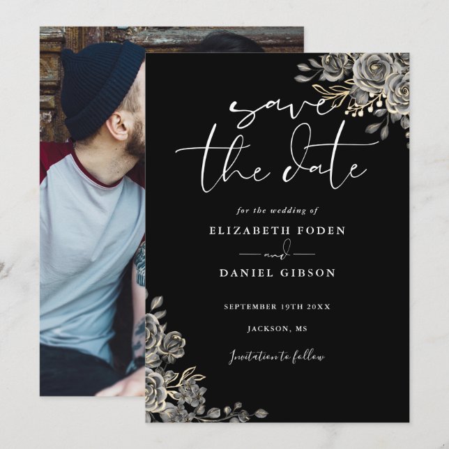Black And White Gothic Floral Photo Wedding Save The Date (Front/Back)