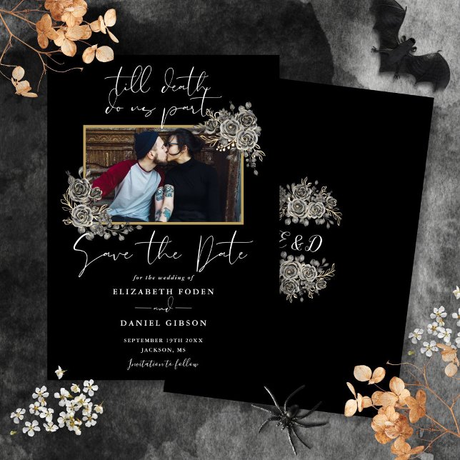 Black And White Gothic Floral Photo Wedding Save The Date (Black And White Gothic Floral Photo Wedding Save The Date)
