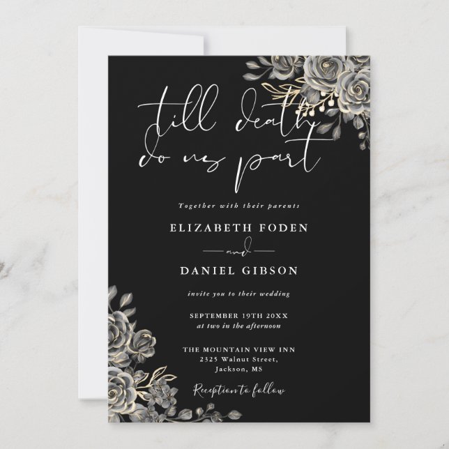 Black And White Gothic Floral QR Code Wedding Invitation (Front)
