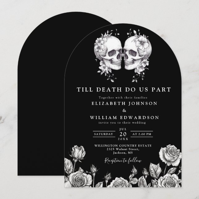 Black And White Gothic Floral Skulls Wedding Arch Invitation (Front/Back)