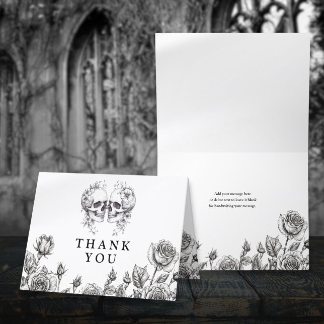Black And White Gothic Floral Skulls Wedding Thank You Card (Black And White Gothic Floral Skulls Wedding Thank You Card)