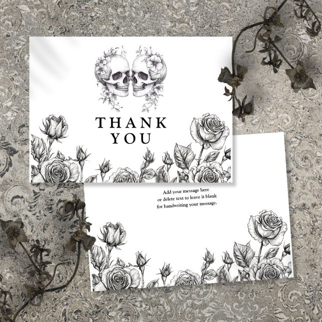 Black And White Gothic Floral Skulls Wedding Thank You Card (Black And White Gothic Floral Skulls Wedding Thank You Card)