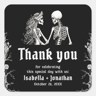 Black and White Gothic Halloween Skeleton Wedding Square Sticker