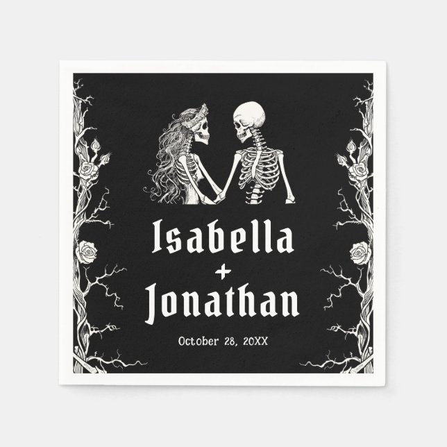 Black and White Gothic Halloween Skeletons Wedding Napkin (Front)