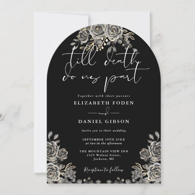 Black And White Gothic Roses Floral Arch Wedding Invitation (Front)