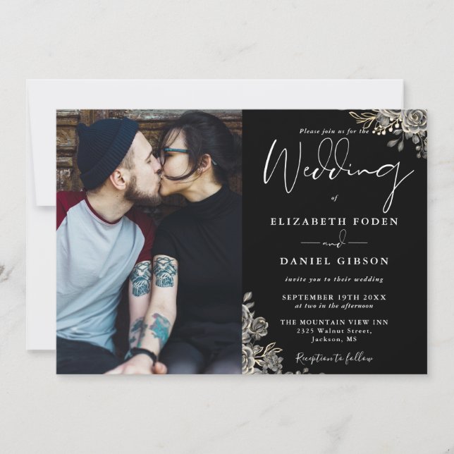 Black And White Gothic Roses Floral Photo Wedding Invitation (Front)