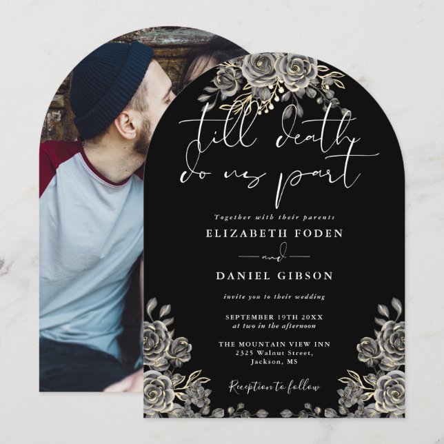 Black And White Gothic Roses Floral Photo Wedding Invitation (Front/Back)