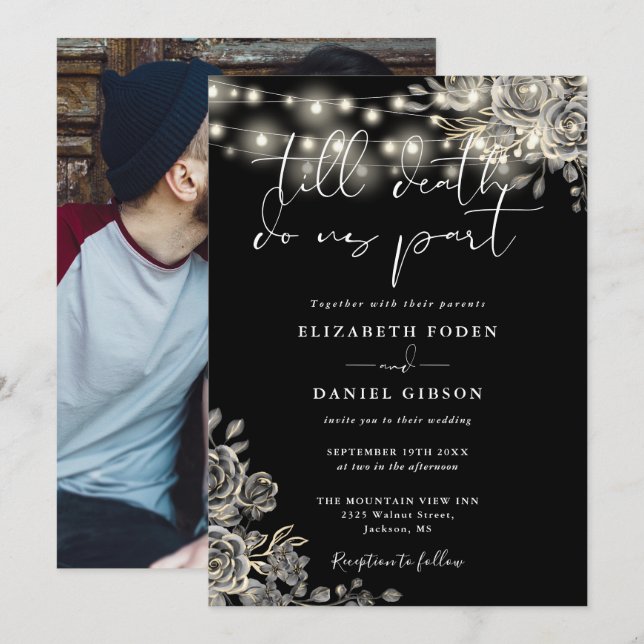Black And White Gothic Roses Lights Photo Wedding Invitation (Front/Back)