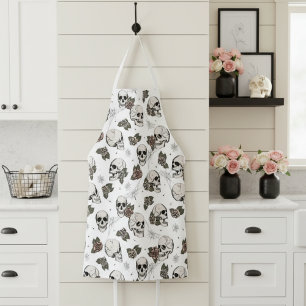 Black and White Gothic Skulls and Roses Floral Apron