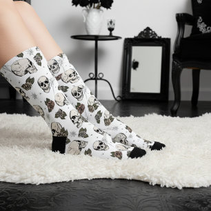 Black and White Gothic Skulls and Roses Floral Socks