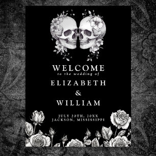 Black And White Gothic Skulls Wedding Welcome Sign
