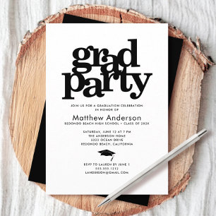 Black and white grad party modern bold typography invitation