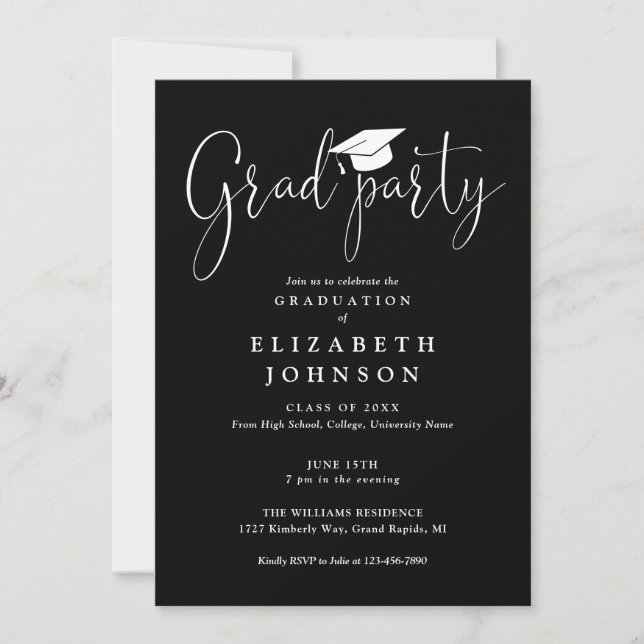 Black And White Grad Party Script Graduation  Invitation (Front)