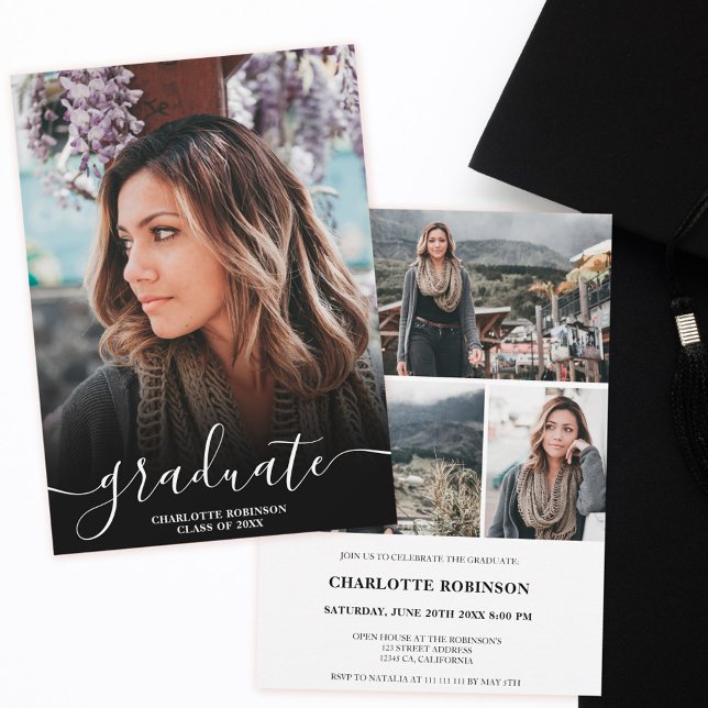 Black and white graduate script photo graduation invitation (Black and white graduate script photo graduation invitation)