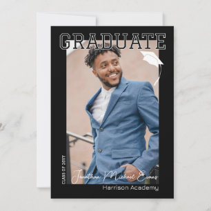  Black and White Graduate Vertical Portrait Photo Invitation