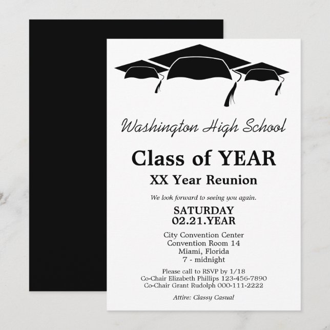 Black and White Graduation Caps Class Reunion Invi Invitation (Front/Back)