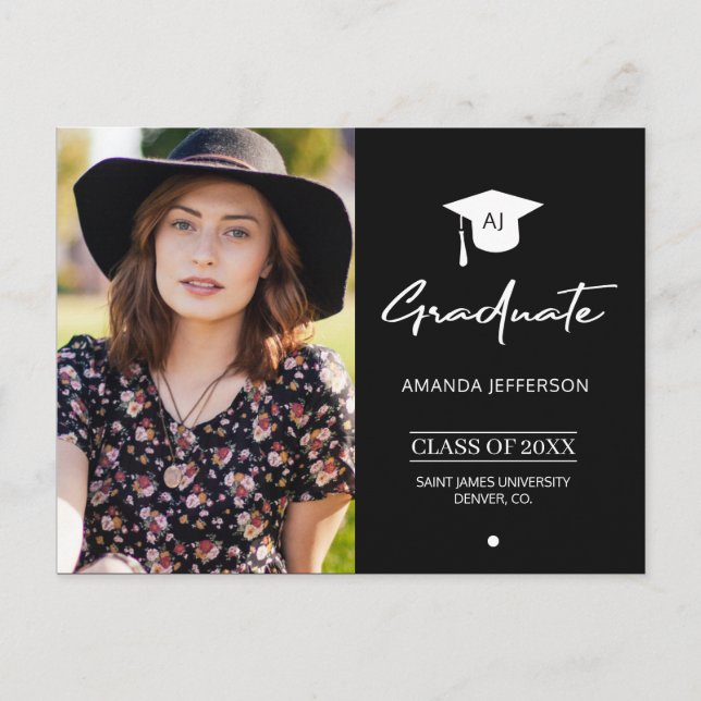 Black and White Graduation | Monogrammed photo Postcard (Front)