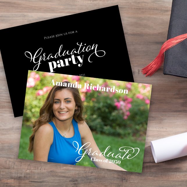 Black and White Graduation Party Photo Invitation (Graduation photo invitation with simple black and white typography. )