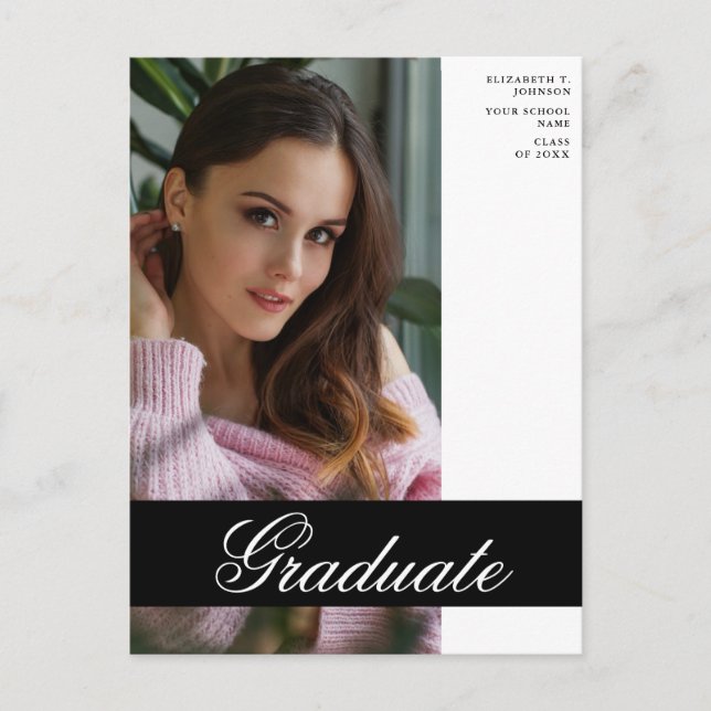 Black and White Graduation Photo Announcement Post Postcard (Front)