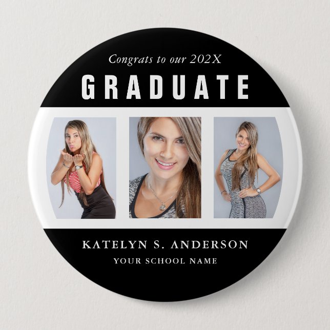 Black and White Graduation Photo Collage Custom Bu 10 Cm Round Badge (Front)
