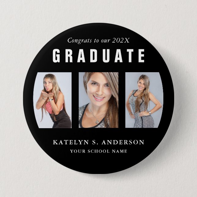 Black and White Graduation Photo Collage Custom Bu 7.5 Cm Round Badge (Front)