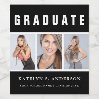 Black and White Graduation Photo Collage Custom Wine Label