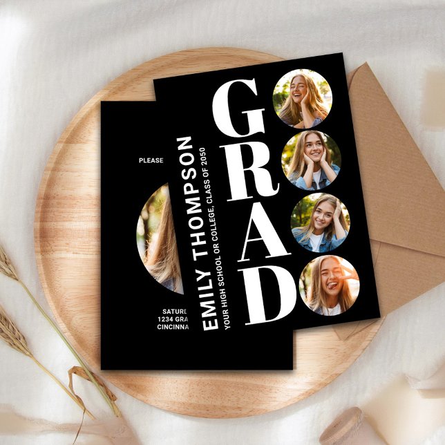 Black and White Graduation Photo Collage Invitation (Graduate "GRAD" typography photo collage invitation announcement. )