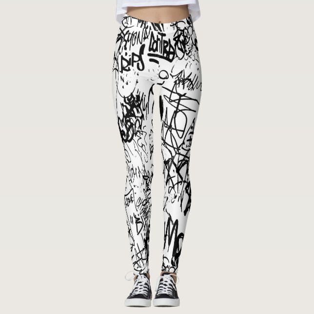Black and White Graffiti Abstract Collage Leggings (Front)