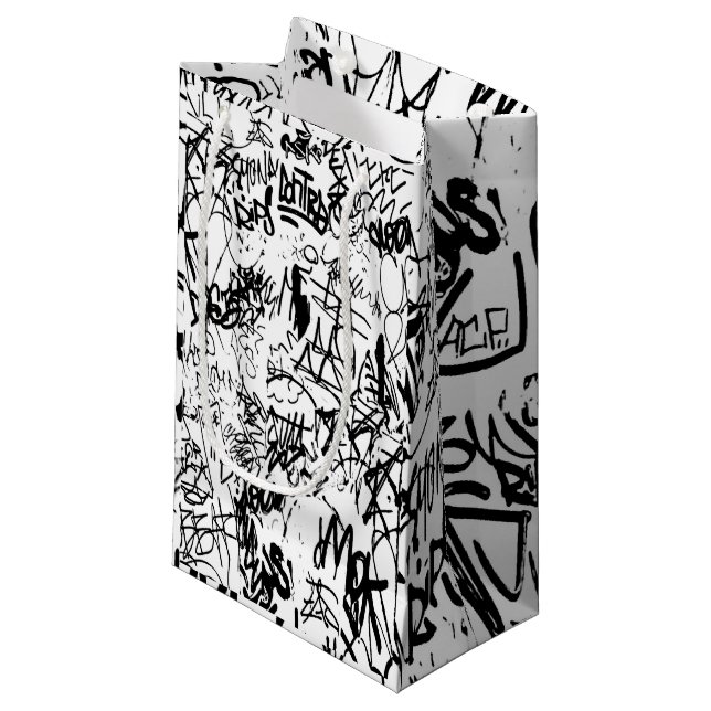 Black and White Graffiti Abstract Collage Small Gift Bag (Front Angled)