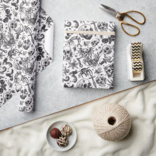 Black and White Graffiti Style Skulls Halloween Wrapping Paper