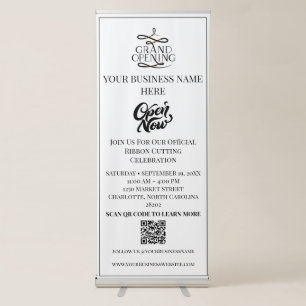Black and White Grand Opening Now Open QR Code Retractable Banner