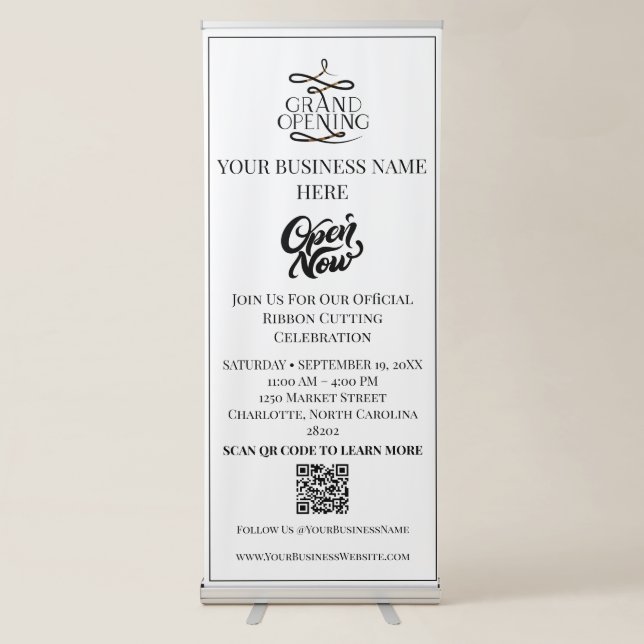  Black and White Grand Opening Now Open QR Code Retractable Banner (Front)