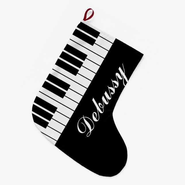 Black and white grand piano keys custom name large christmas stocking (Front (Hanging))