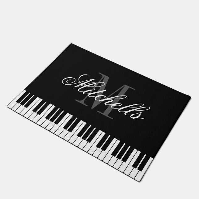 Black and white grand piano keys monogram door mat (Angled)