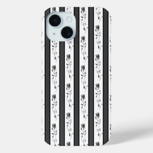 Black and white gray vintage striped with roses iPhone 15 case