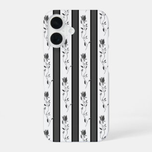 Black and white gray vintage striped with roses iPhone 16 case