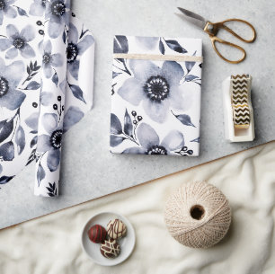 Black and White Grayscale Anemones Floral Wrapping Paper