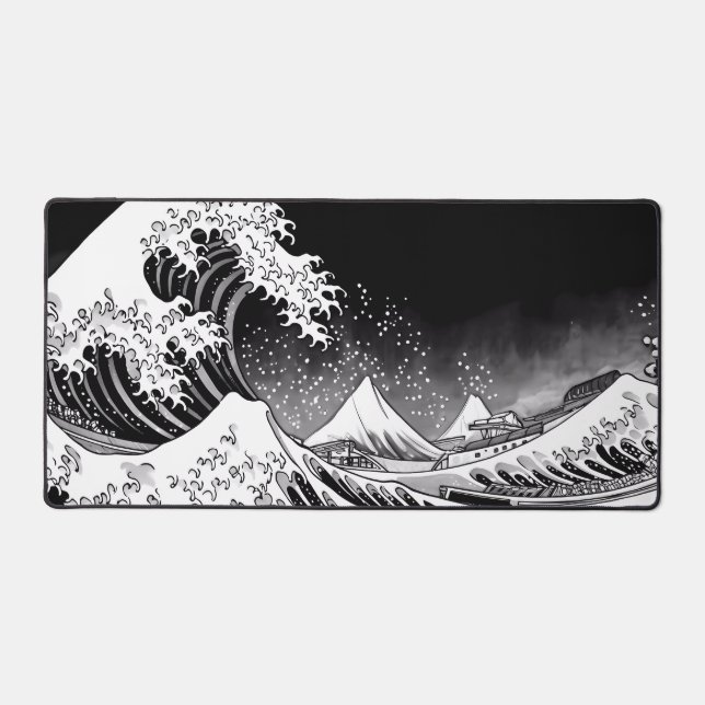 Black and White Great Wave off kanagawa grey xxl  Desk Mat (Front)