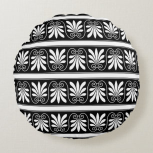 Black And White Greek Floral Pattern Round Cushion