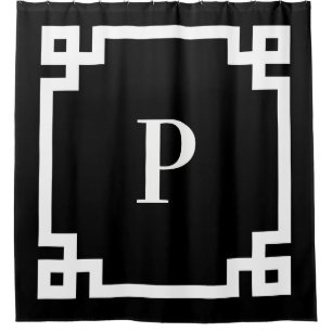Black and White Greek Key Bold Border Monogram Shower Curtain