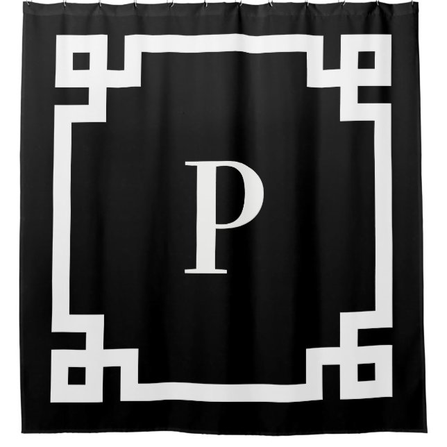 Black and White Greek Key Bold Border Monogram Shower Curtain (Front)