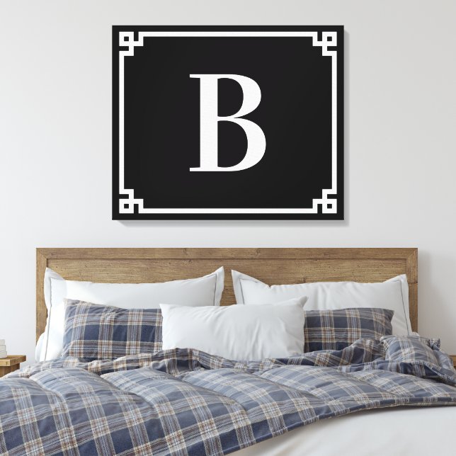 Black and White Greek Key Border Monogram Canvas Print (Insitu(Bedroom))