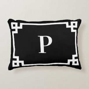 Black and White Greek Key Border Monogram Decorative Cushion