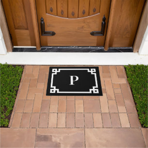 Black and White Greek Key Border Monogram Doormat